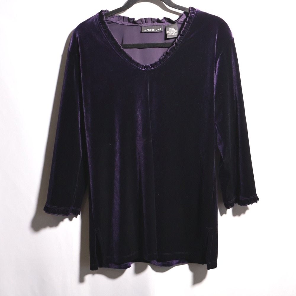 VTG Dark Purple Velvet Blouse 3/4 Sleeve Velour Top Dark Romantic 90s M Ruffle